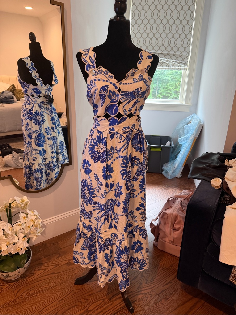 FARM Rio Blue and White Floral Cutout Midi Dress